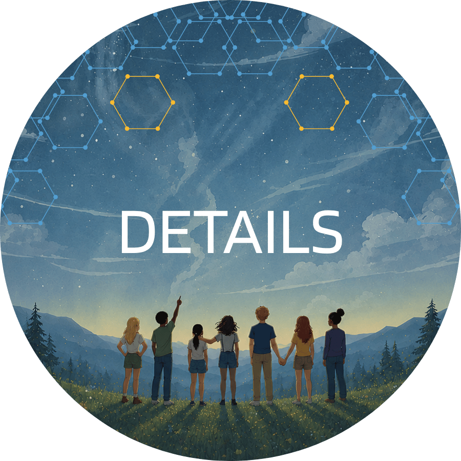 Illustration of six children standing together under a star-filled night sky with constellation patterns overhead and the word "DETAILS" centered on the image. for Campaign Kickoff
